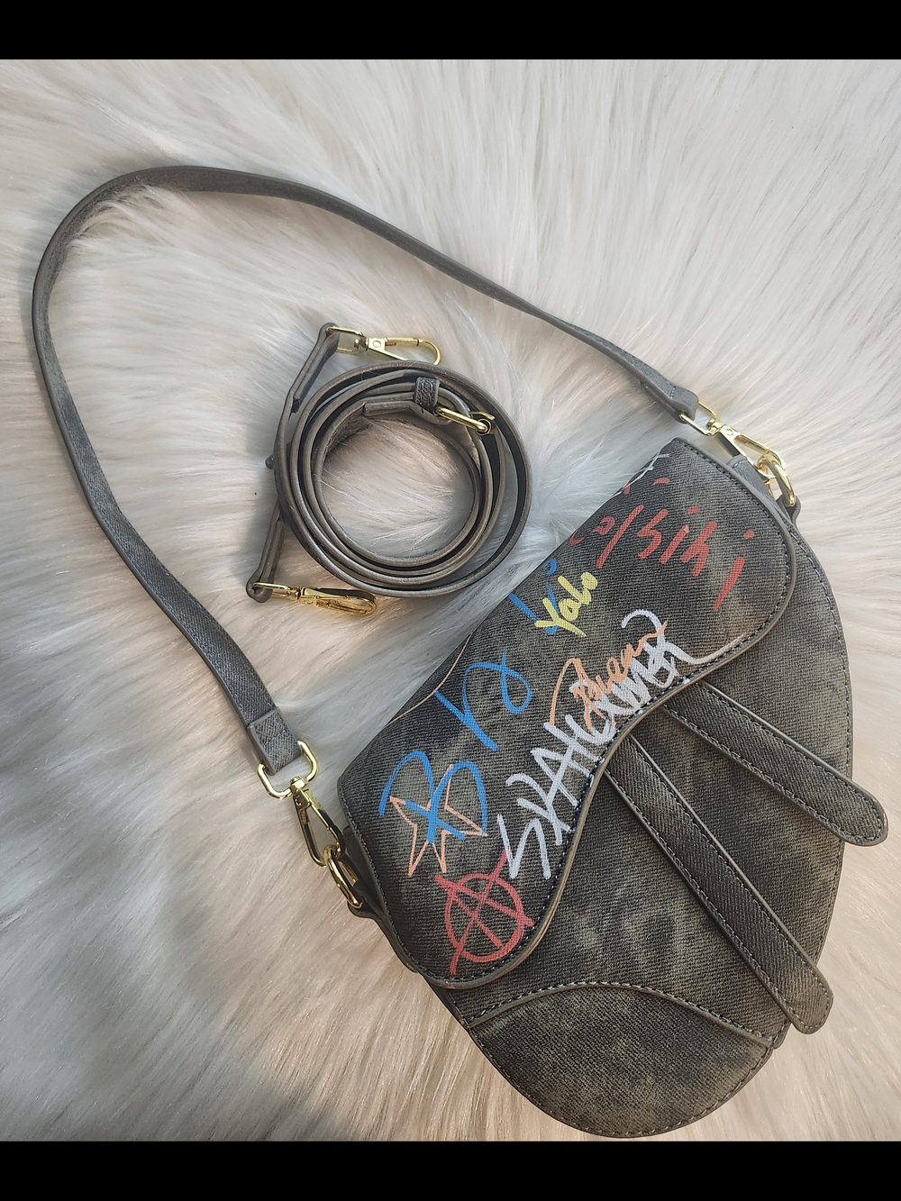 Graffiti-Accent Gray Grey Denim Women's Crossbody Bag